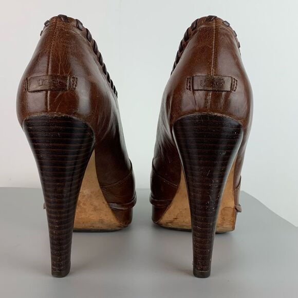 UGG Women Size 8 Jamison Brown Leather 5” Platform Heels-All Leather w/Sheep Fur - Picture 6 of 10